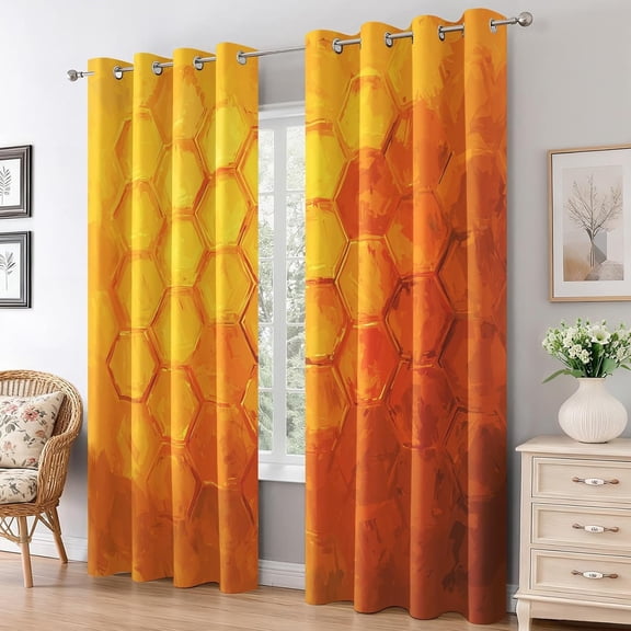 Orange Hexagon Geometric Blackout Curtains, Modern Pattern Grommet Window Drapes for Living Room Bedroom Kitchen Home Decor 53"W x 63"L (Pack of 2)