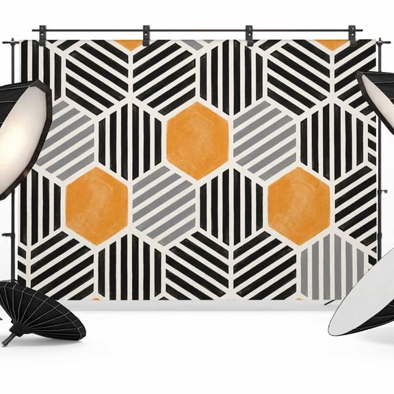 Orange Hexagonal Photography Backdrop 7x5FT, Black Gray Striped Modern Abstract Photo Backdrops, Background for Photography Studio Photo Studio Background, Back Drop for Photoshoot