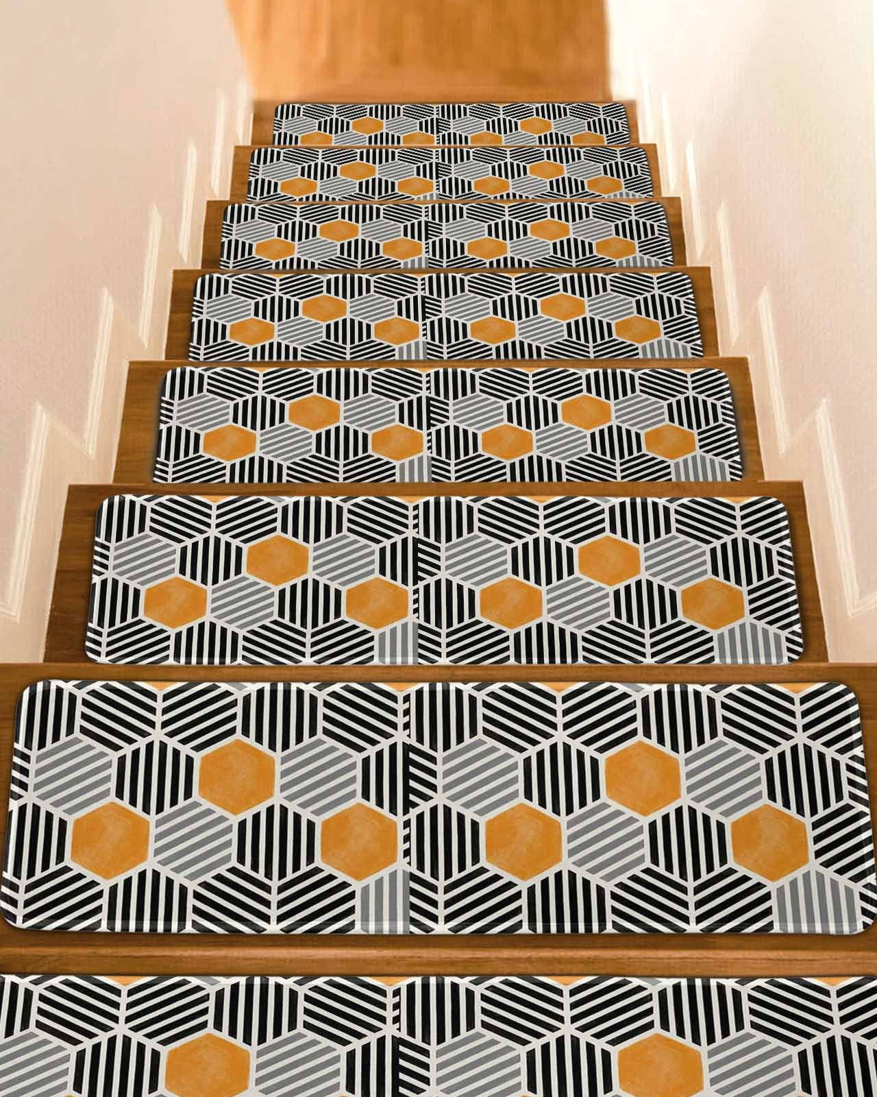 Orange Hexagonal Stair Treads Black Gray Striped Modern Abstract Indoor ...
