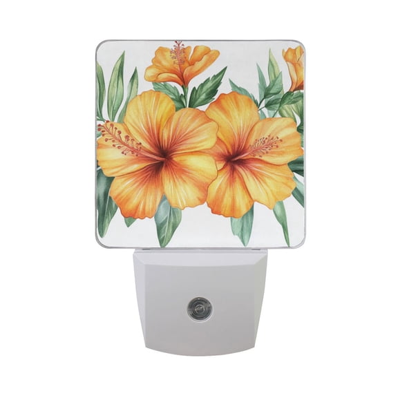 Orange Hibiscus Flowers Leaves Watercolor LED Night Light with Smart Sensor Plug Into Wall Dusk to Dawn 2 packs