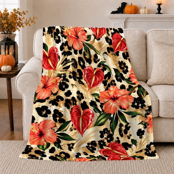 Orange Hibiscus and Red Hearts on Leopard Spots, Cheerful Tropical Style for Flower Lovers, Island Love Pattern and Valentine's Day Gift, Soft Flannel Blanket for Bedroom and Sunroom, Home Decor