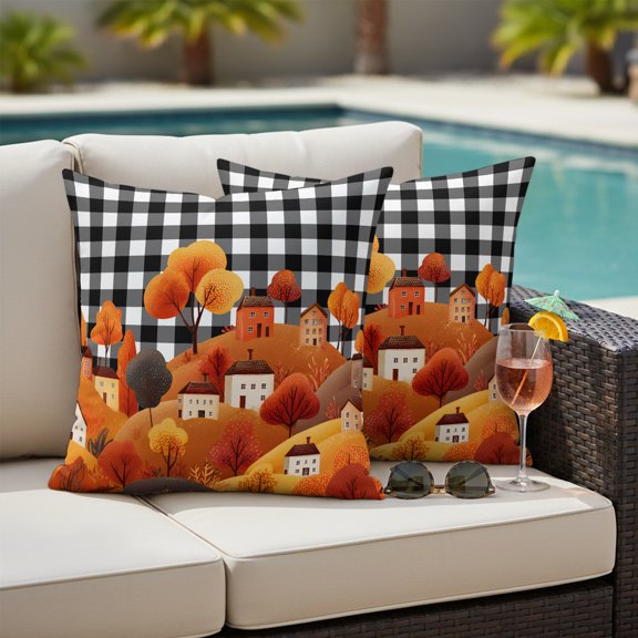 Orange Hill Fall Outdoor Pillow Covers 16x16 Inch Throw Pillow Covers Set of 2 Waterproof Decorative Pillow Cases Thanksgiving Trees Cartoon House Retro Plaid Cushion Covers for Patio Furniture