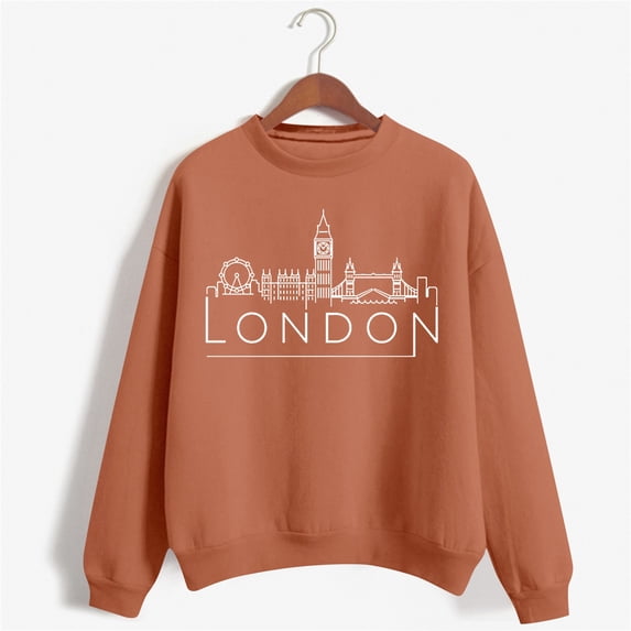 Orange Hoodies for Women's Solid Round Neck Long Sleeved LONDON Printed Hoodie Fall Tops for Women 2025