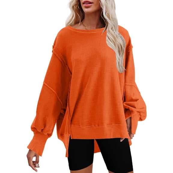 Orange Hoodies for Womens Oversized Crewneck Solid Color Sweatshirt Side Slit Long Sleeve Pullover Slouchy Fit Tops Fall Tops for Women 2025