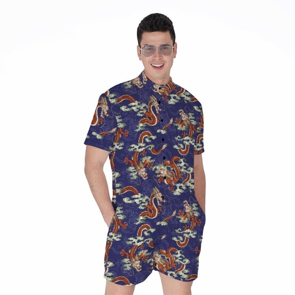 Orange Japanese Dragon Pattern Short Sleeve Men'S Rompers, Dragons Casual Summer Jumpsuits Outfit