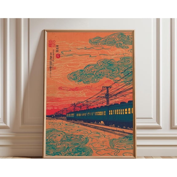 Orange Japanese Night Train Woodblock Style Railway Illustration Wall Art, Unframed Paper Poster 24x36in