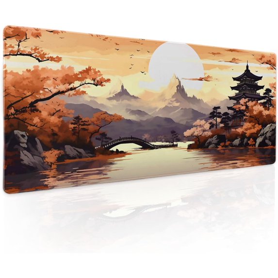 Orange Japanese Sakura Gaming Mouse Pad XL Yellow Cherry Blossom Mountain Aesthetic Large Desk Mat Big Mousepad Non-Slip Rubber Base Stitched Edge Long Desk Pad for Desktop Computer,31.5×11.8 in