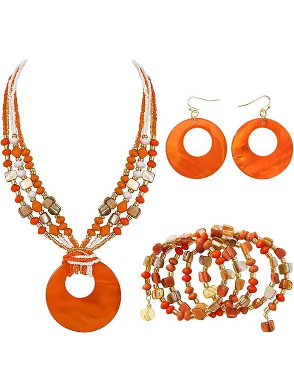 Orange Jewelry Sets for Women 4 Pcs Chunky Beaded Mrs Roper Costume Jewelry for Women Boho Multi Strand Colorful Shell Necklace for Women(ST0026-Orange)
