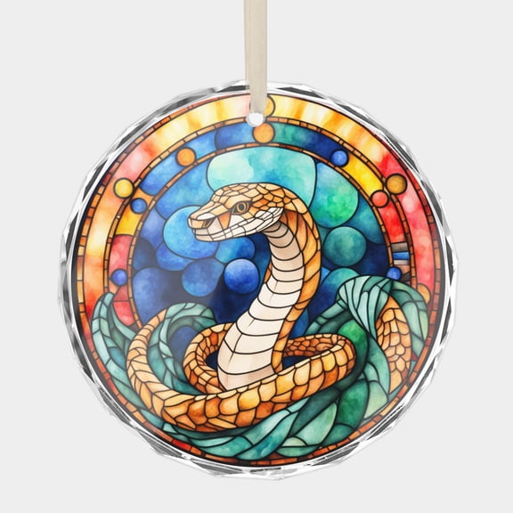 Orange King Cobra Snake Watercolor Snakes Lover Stained Glass Style (Flat Print, Not Real Stained-Glass,) 3 inch Premium Crystal Glass Christmas Ornament Xmas Gift Tree Decor Ornaments