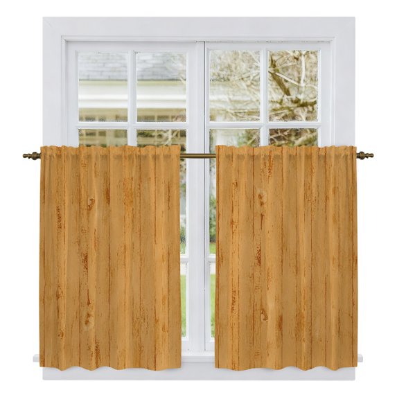 Orange Kitchen Curtains 45 Inch Length, Farmhouse Vintage Shabby Wooden Grain Tiers Curtains for Bathroom Bedroom Cafe, Light Filtering Small Window Treatment Short Tiered Drapes 2 Panels 42"Wx45"L