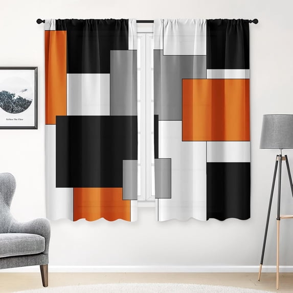 Orange Kitchen Curtains 63 Inch Length Geometric Window Curtains Over Sink Set of 2, Black Grey White Curtain for Bedroom Living Room, Modern Abstract Kitchen Decor 42x63 Inch