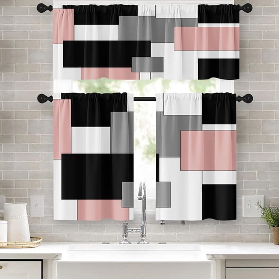 Orange Kitchen Curtains Black Grey Window Curtains Valance and Tier Set of 3, White Modern Rod Pocket Short Tier Curtain, Abstract Art Small Cafe Curtains for Kitchen Decor 54" x 24"