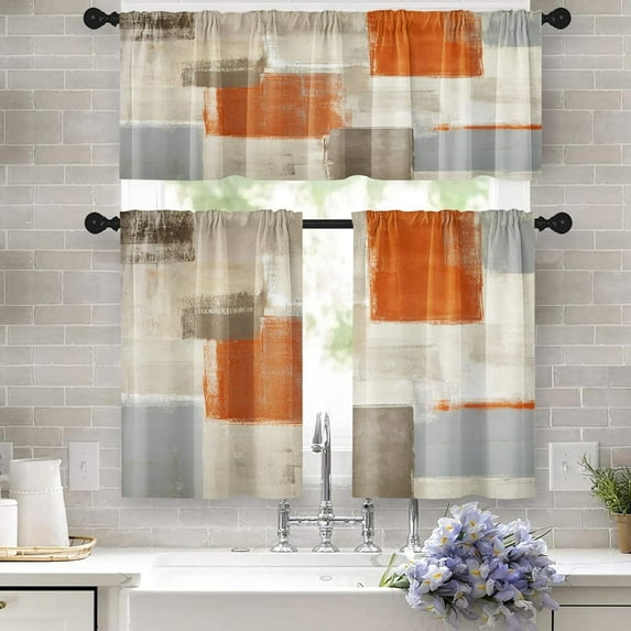 Orange Kitchen Curtains Grey Beige Window Curtains Valance and Tier Set 36 Inch, Contemporary Rod Pocket Short Tier Curtain, Abstract Art Small Cafe Curtains for Kitchen Decor
