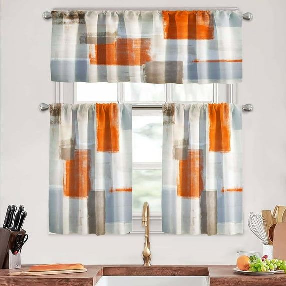 Orange Kitchen Curtains Tiers and Valances Set 3 Piece for Windows Beige Kitchen Window Curtains Set,Modern Abstract Art Valances for Living Room(36" Tiers Set)