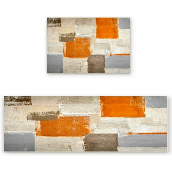 Orange Kitchen Rugs and Mats Set of 2 Orange and Grey Abstract Art Modern Kitchen Sink Mat,Non-Slip Area Runner Rug,Washable Floor Mat for Home Dining Room Office 15.7"x23.6"+15.7"x47.2"