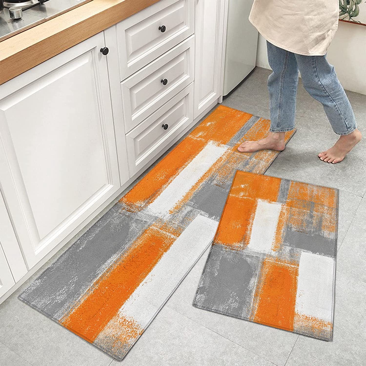 Orange Kitchen Rugs, Orange Abstract Art Kitchen Mats for Floor, Non ...