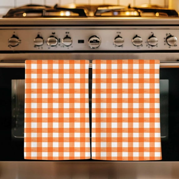 Orange Kitchen Towels Set of 3, Country French Rustic Buffalo Plaid Modern Art Absorbent Dish Towels for Kitchen, Microfiber Hand Towel, Quick Drying Tea Towel for Cleaning Decorative Dishcloths