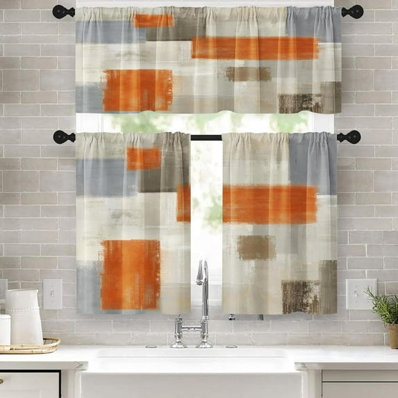 Orange Kitchen Window Curtains Valance and Tier Set 36 Inch, Grey Beige Contemporary Rod Pocket Short Tier Curtain, Abstract Art Small Cafe Drapes for Kitchen Decor