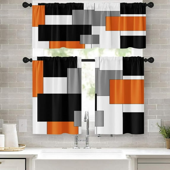 Orange Kitchen Window Curtains Valance and Tier Set, Black Grey White Modern Rod Pocket Short Tier Curtain, Abstract Art Small Cafe Drapes for Kitchen Decor 52" x 24"
