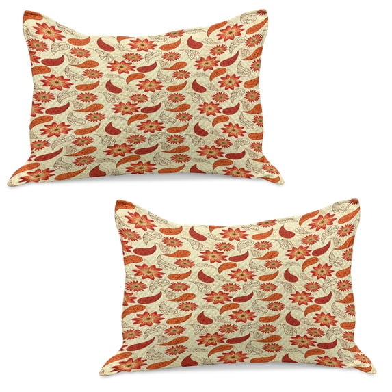 Orange Knitted Quilt Pillowcover Set of 2, Red Poppy Flowers in Retro Style and Leaves Flourish Paisley Pattern, Standard Queen Pillow Sham Bedroom, 30" x 20", Orange Red Peach, by Ambesonne