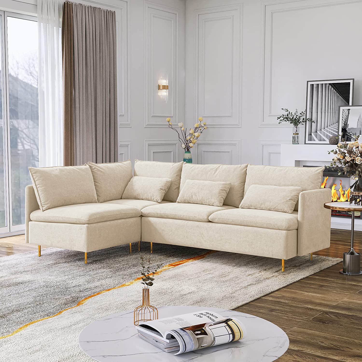 Orange L Sectional Couch Sofa Mid Century Modern Corner Sectional Sofa with Chaise Armrest Throw