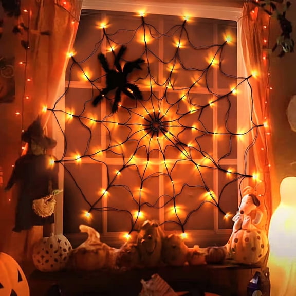 Orange LED Light Up Spider Web Decor with Plush Spiders, Halloween Giant Round Spider Net String Lights, Spooky Indoor Wall Ceiling Decor for Halloween Party Home Decorations