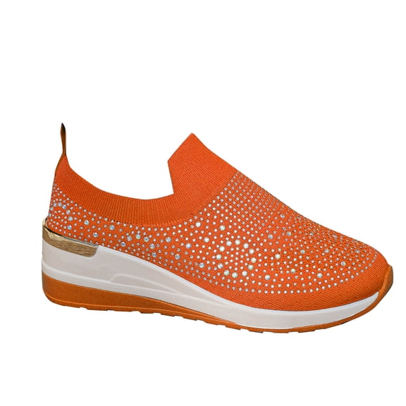 Orange Ladies Casual Shoes With Thick Sole And Rhinestone For Outdoor Indoor Use Lightweight And Fit