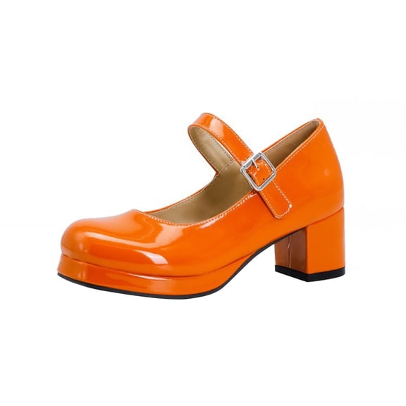 Orange Ladies Chic And Casual Versatile Shallow Mouth Round Toe Patent Leather Thick Heel With A Center Heel Line Shoes For Wear