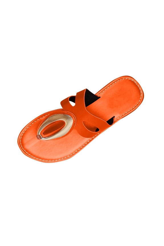 Orange Ladies Metal Buckle Flat Sandals Thong Style Toe Ring Plus Size Outdoor Casual Comfort Beach Slip On Shoes For Women Spring Summer