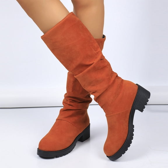 Orange Ladies Mid Calf Boots Chunky Heel Pleated Bootlegs Soft Suede Thick Anti Slip Textured Sole Fall Winter Casual Light Wear Size 40