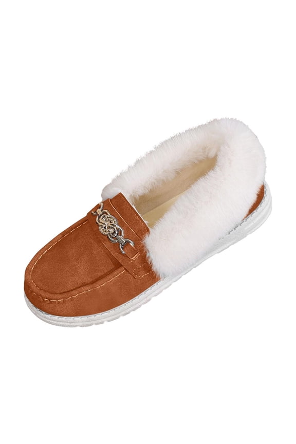 Orange Ladies Winter Thick Soled Warm Shoes Metal Chain Furry Mouth Flat Sole Lightweight