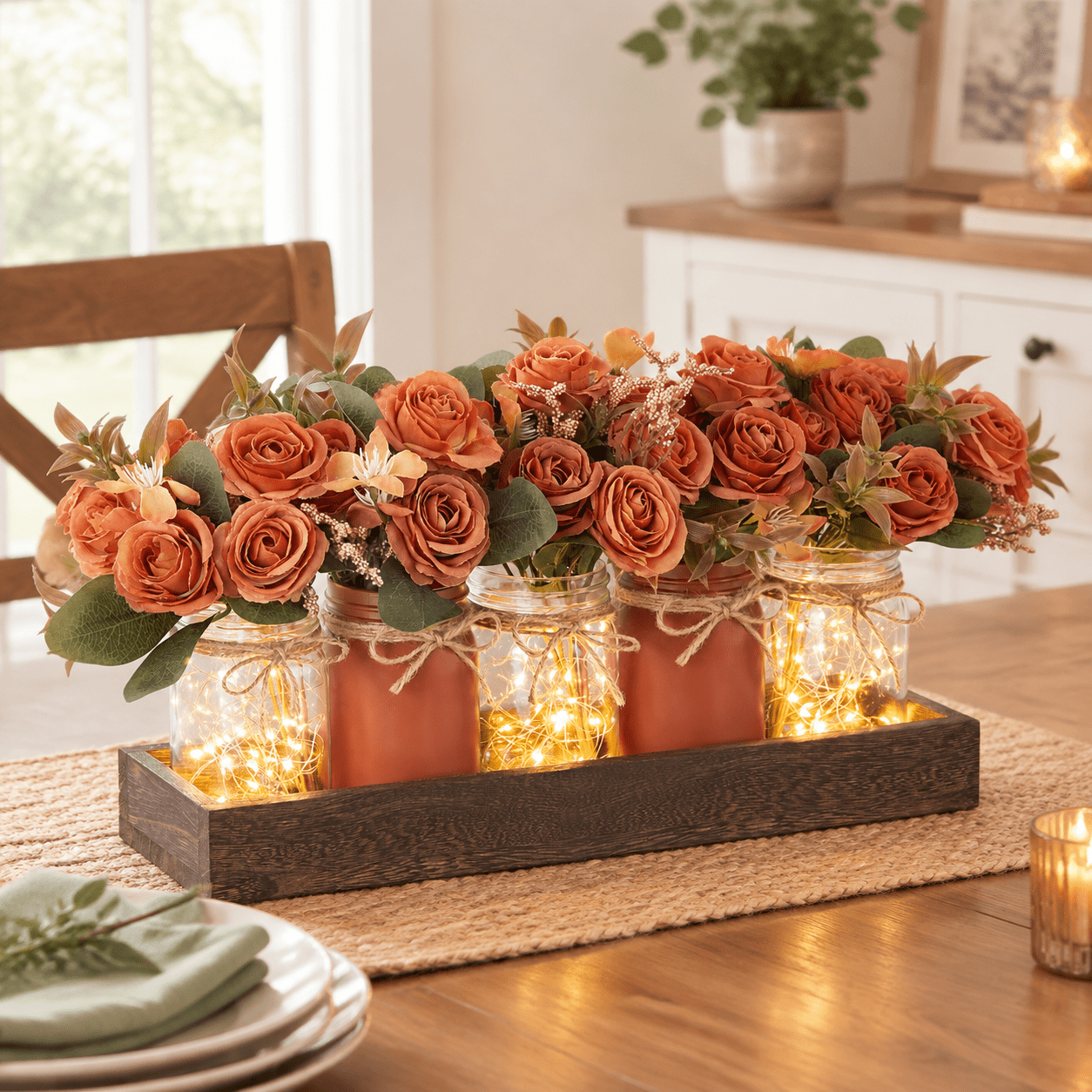 Orange Large Fall Table Centerpiece with Mason Jar Lights for Home ...