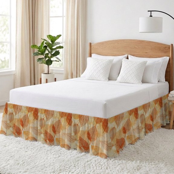 Orange Leaf Bed Skirt California King Size 18 Inch Drop, Abstract Modern Amber Leaf Veins Fall Foliage Adjustable Elastic Dust Ruffles Bedskirt Wrap Around Pleated Mattress Frame Cover
