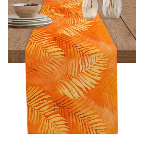 Orange Leaf Burlap Cotton Table Runner 14x72 Inches Long, Tropical Botanical Palm Leaf Modernism Farmhouse Table Runners, Outdoor Dining Tablecloths Decor for Baby Shower/Party/Wedding