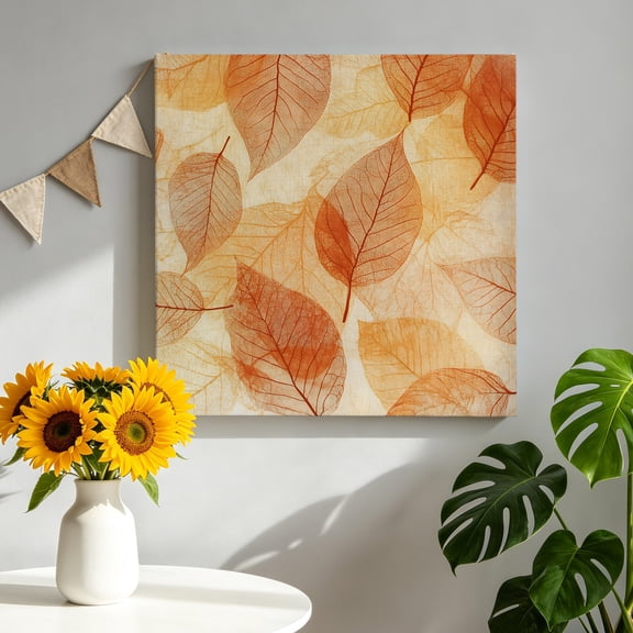 Orange Leaf Canvas Wall Art for Living Room, Abstract Modern Amber Leaf Veins Fall Foliage Poster Print Painting for Bedroom Office Home Decoration Wall Pictures Prepare To Hang 12"x12"