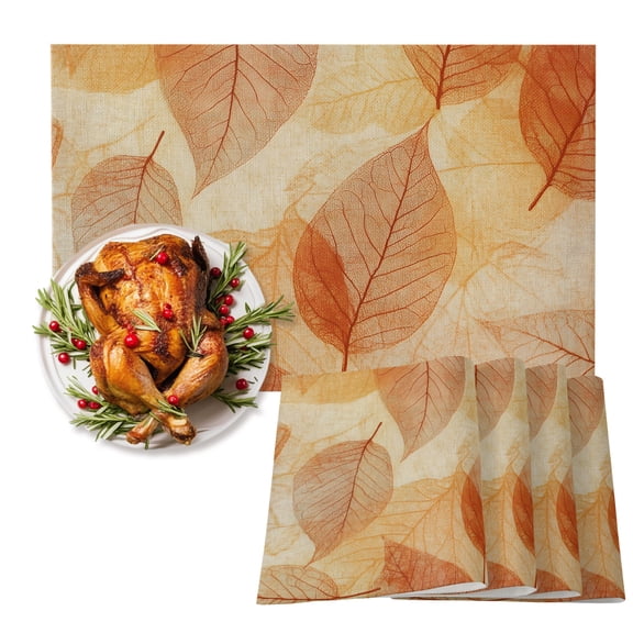 Orange Leaf Cotton Linen Placemats Set of 1, Abstract Modern Amber Leaf Veins Fall Foliage Washable Table Place Mats Heat Insulating Placemat for Dining Room Kitchen Daily Use 13 x 19 Inch