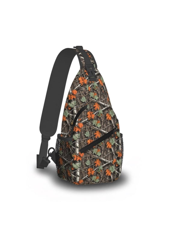 Orange Leaf Forest Camo Sling Bag Crossbody Chest Pack for Men Women Adjustable Strap Shoulder Bag with Mesh Side Pocket for Hunting Hiking Fishing Travel Outdoor Daypack