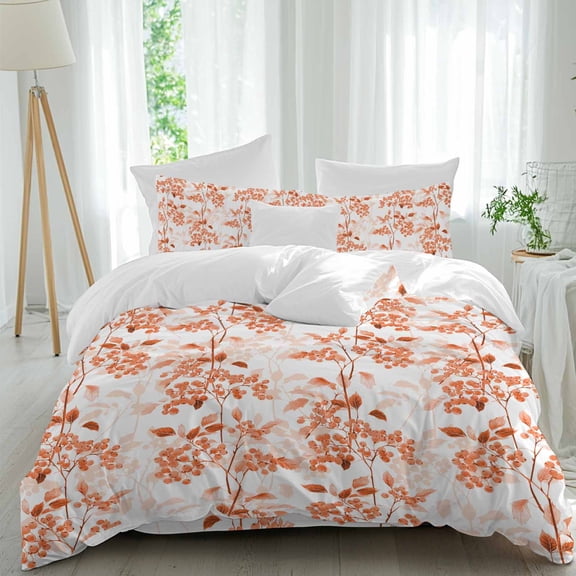 Orange Leaf Fruit Queen Size Comforter Set, Plant Nature Vintage Botanical Bedding for All Seasons, 4 Pcs Bed Set, 1Quiltcover (90"x92") ,1Sheet(94"x116"), 2Pillowcases (30"x20")