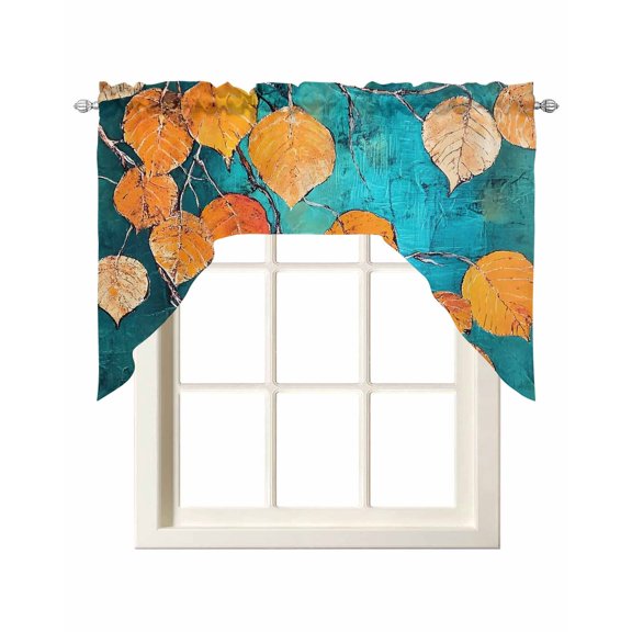 Orange Leaf Kitchen Curtains Swag Valance for Windows/Bathroom/Cafe, Abstract Oil Painting Branch Turquoise Rod Pocket Drape Panel Swag Curtain Valance for Bedroom/Living Room 55''x36''