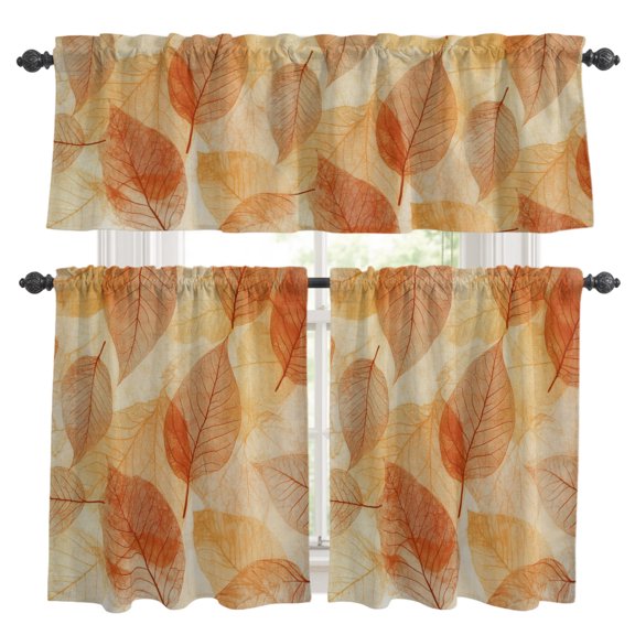 Orange Leaf Kitchen Curtains Valances 3 Piece Set, Abstract Modern Amber Leaf Veins Fall Foliage Rod Pocket Tier Curtain and Valance Drapes for Small Window 36 Inch Length for Bedroom Cafe
