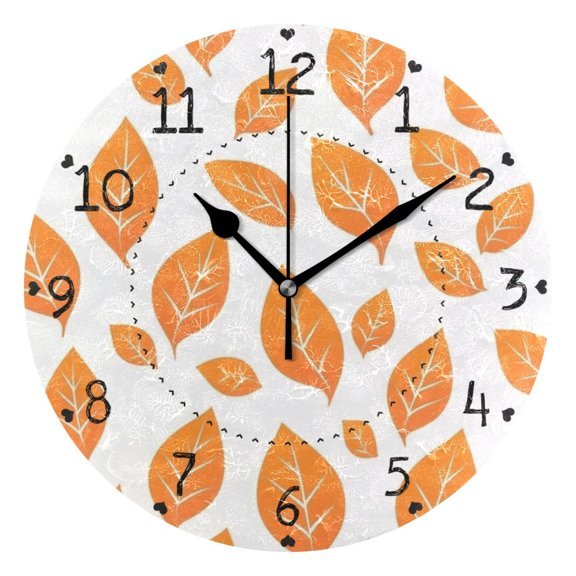 Orange Leaf Minimalist Designs Round Wall Clock Silent Battery Operated Home Decor for Living Room Bedroom