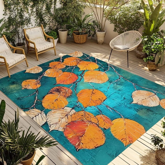 Orange Leaf Outdoor Rug 5x7 Ft - Reversible Patio Rug Outdoor Camping Rugs, Abstract Oil Painting Branch Turquoise Washable Indoor Outdoor Area Rugs, Non-Slip Outdoor Carpet Runner for Deck/Porch