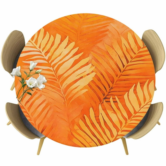 Orange Leaf Round Tablecloth 36-44 Inch Round Fitted Table Cloth with Elastic Edge, Tropical Botanical Palm Leaf Modernism Waterproof Table Cover Protector for Outdoor Picnic Party Dining