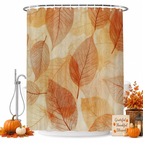 Orange Leaf Shower Curtain Set with Hooks, Abstract Modern Amber Leaf Veins Fall Foliage Sturdy Water Repellent Shower Curtains for Bathroom Bathtub, Machine Washable 36x72 Inch