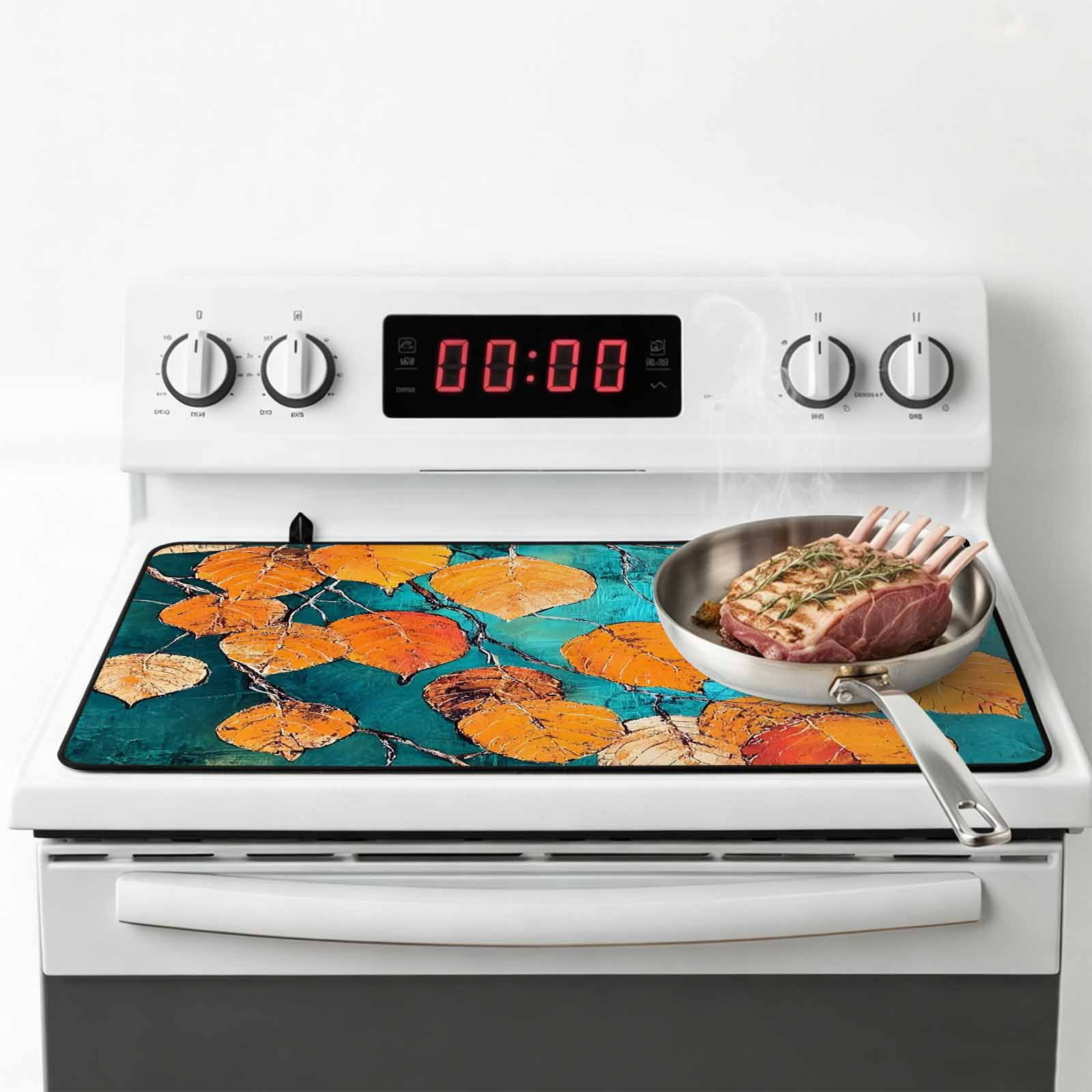 Orange Leaf Stove Top Cover for Electric Stove, Heat-proof & Non Slip Glass Top Stove Cover Protector, Abstract Oil Painting Branch Turquoise Kitchen Flat Cooktop Rubber Mat 24x21 Inches