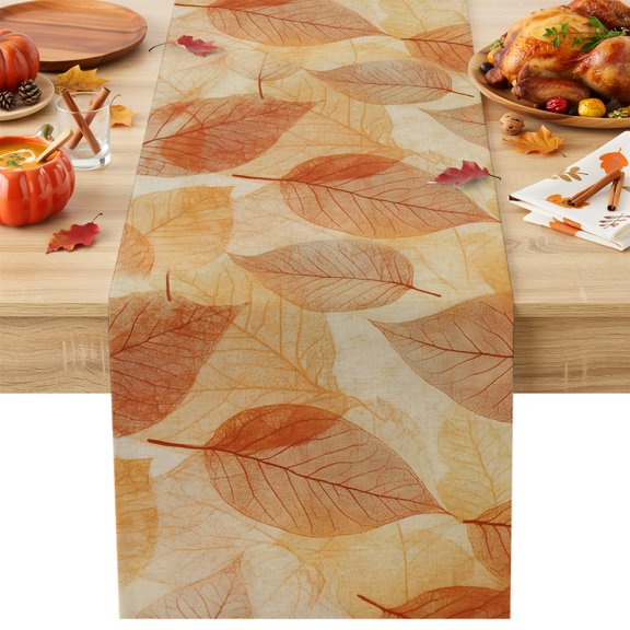 Orange Leaf Table Runner 13x36 Inch Abstract Modern Amber Leaf Veins Fall Foliage Cotton Linen Dining Table Runner Ideal for Dresser Kitchen Coffee Tables - Machine Washable