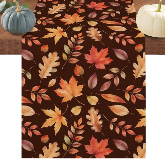 Orange Leaf Table Runner, Fall Maple Leaves Vintage Retro Farm Brown Backdop Cotton Linen Table Cloth, Tablerunner for Kitchen Dining Party Wedding Home Decor 13x36 Inch