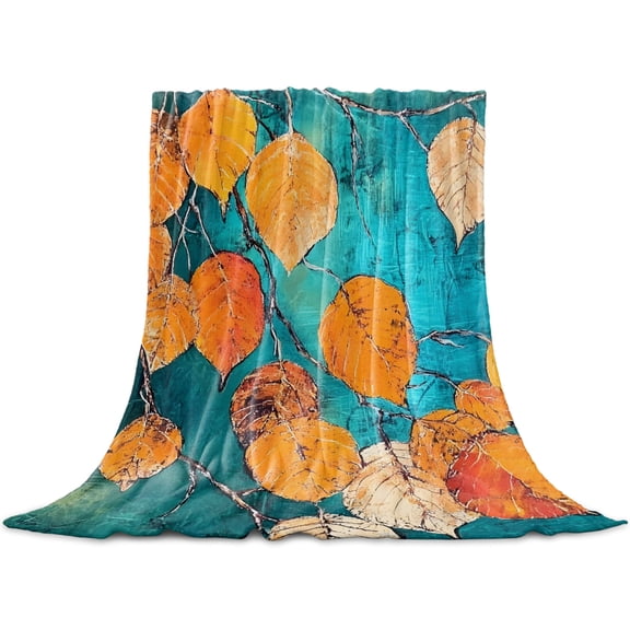 Orange Leaf Throw Blanket for Couch, Soft Lightweight Flannel Fleece Blanket, Abstract Oil Painting Branch Turquoise Microfiber Plush All Season Decorative Blankets Gifts for Sofa Office Lap 30"x40"