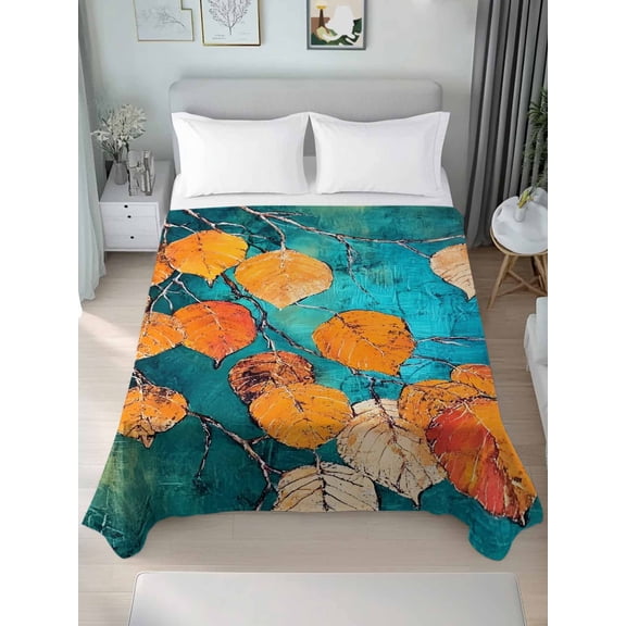Orange Leaf Twim Size Flat Sheet, Wrinkleproof & Fadeproof Cooling Flat Bed Sheet Only, Abstract Oil Painting Branch Turquoise Breathable Soft Bedding Top Sheets 66 x 96 Inches