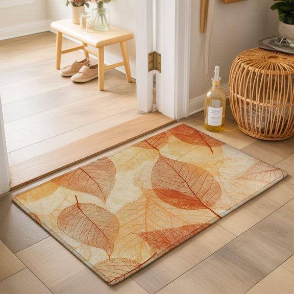 Orange Leaf Washable Small Entryway Area Rugs 2'x3', Abstract Modern Amber Leaf Veins Fall Foliage Washable Throw Rug Non-Slip Sturdy Edge Binding Carpet for Front Door Floor Room Entry